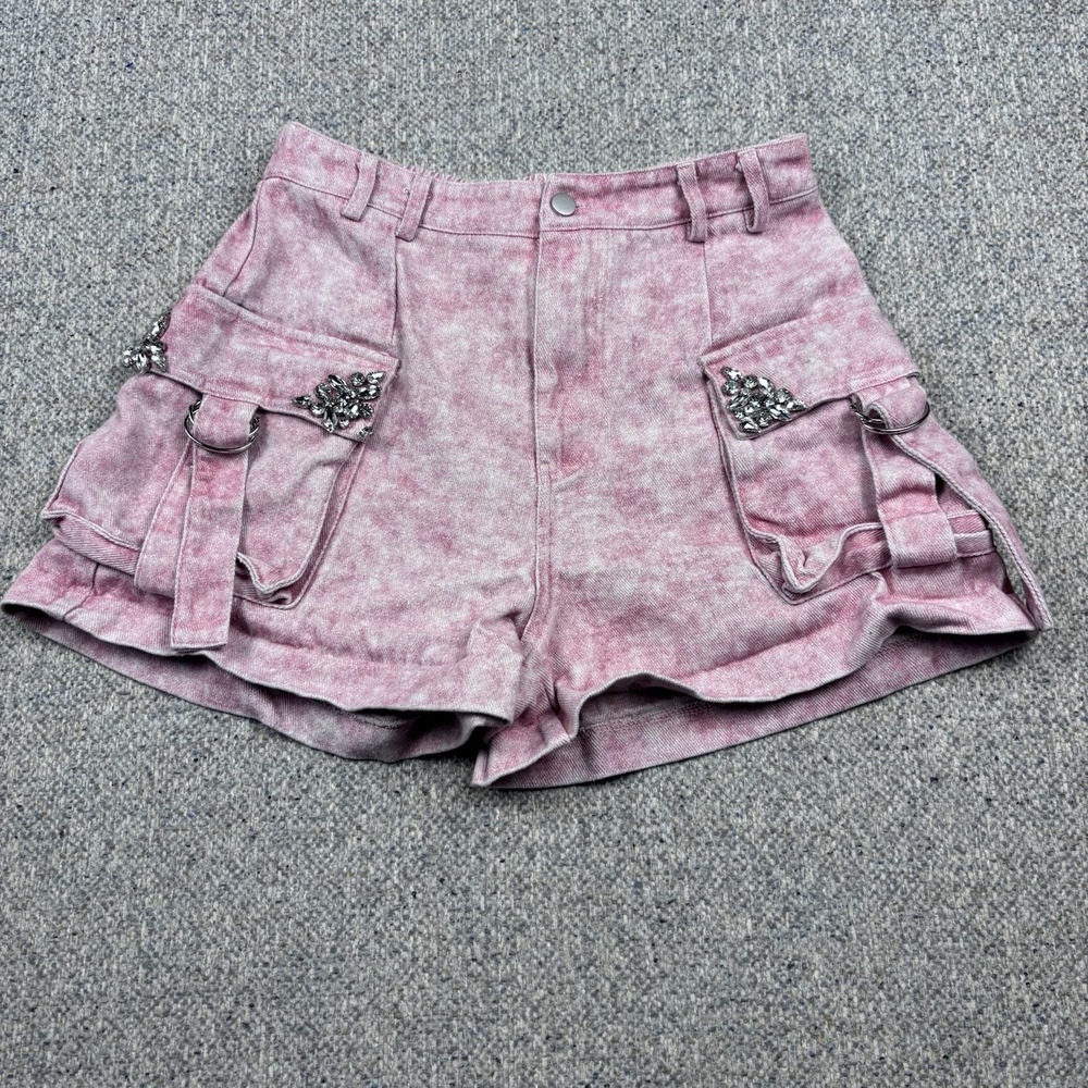 Pink Acid Wash Cargo Shorts Rhinestones Women's Size Medium